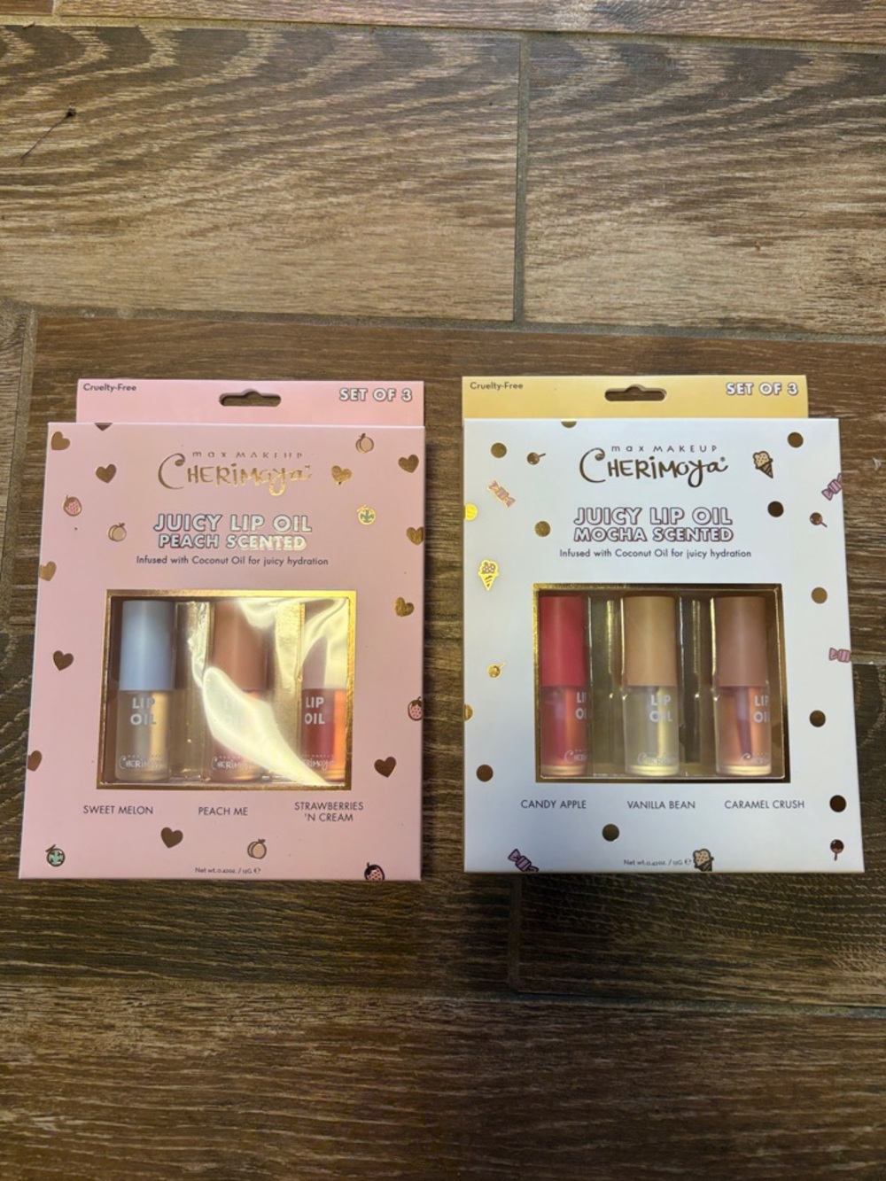 2 Juicy Lip Oil Trios — Peach & Mocha Scented - 2 sets of 3